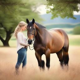 Create a romantic, contemporary book cover featuring a woman, a horse, and a man