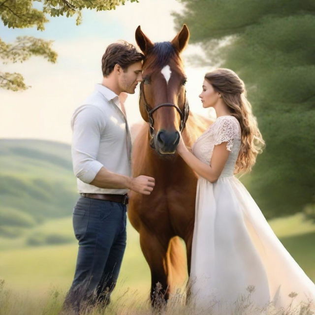 Create a romantic, contemporary book cover featuring a woman, a horse, and a man