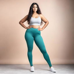 An Indian girl with a curvy figure, wearing tight leggings that accentuate her form