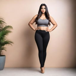 An Indian girl with a curvy figure, wearing tight leggings that accentuate her form