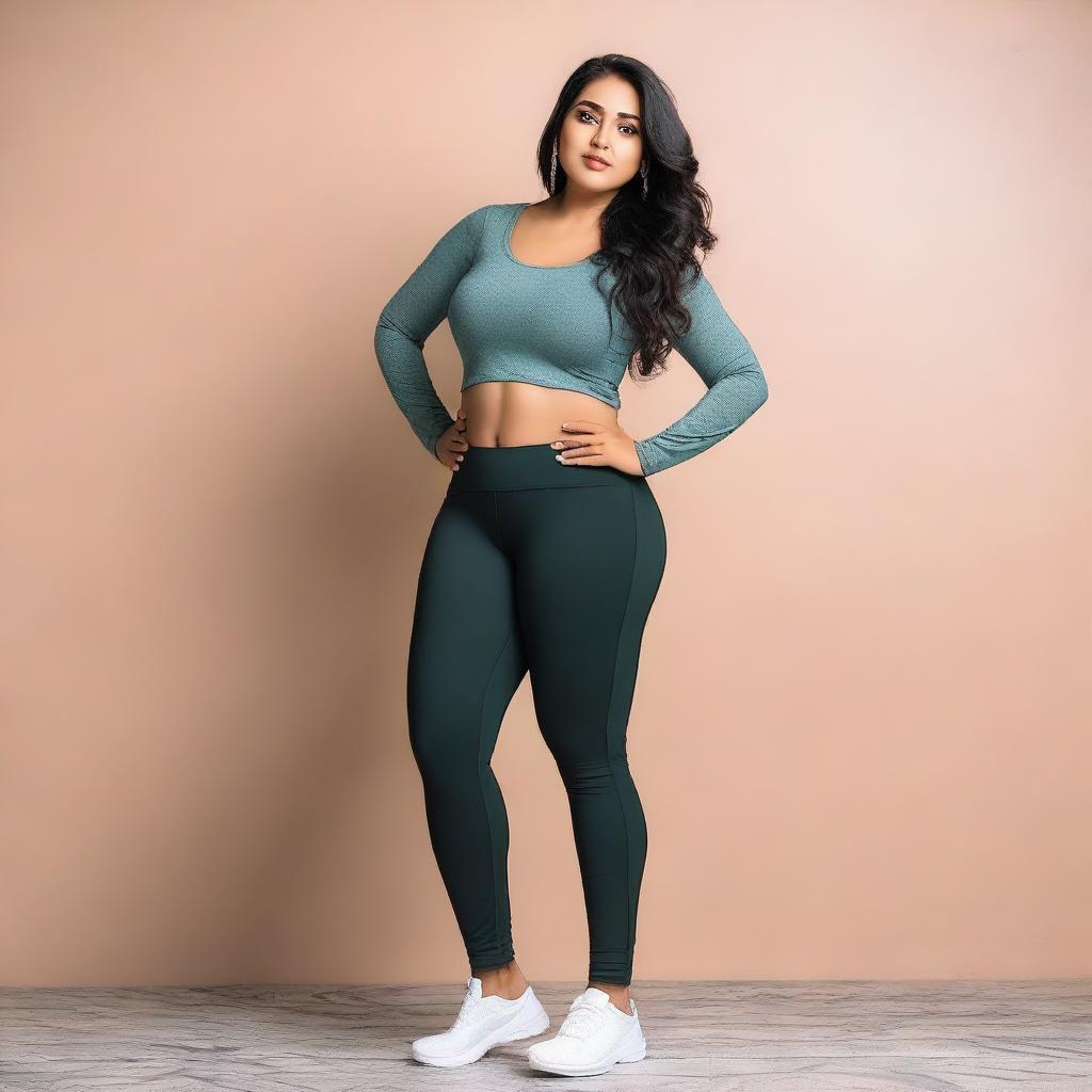 An Indian girl with a curvy figure, wearing tight leggings that accentuate her form