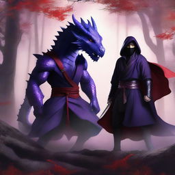 Create a fantasy book cover featuring a purple dragon, a female ninja, and a handsome black-haired man with red eyes and a cloak