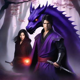 Create a fantasy book cover featuring a purple dragon, a female ninja, and a handsome black-haired man with red eyes and a cloak