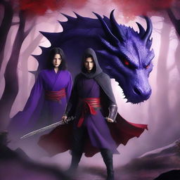 Create a fantasy book cover featuring a purple dragon, a female ninja, and a handsome black-haired man with red eyes and a cloak