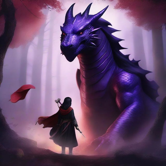 Create a fantasy book cover featuring a purple dragon, a female ninja, and a handsome black-haired man with red eyes and a cloak