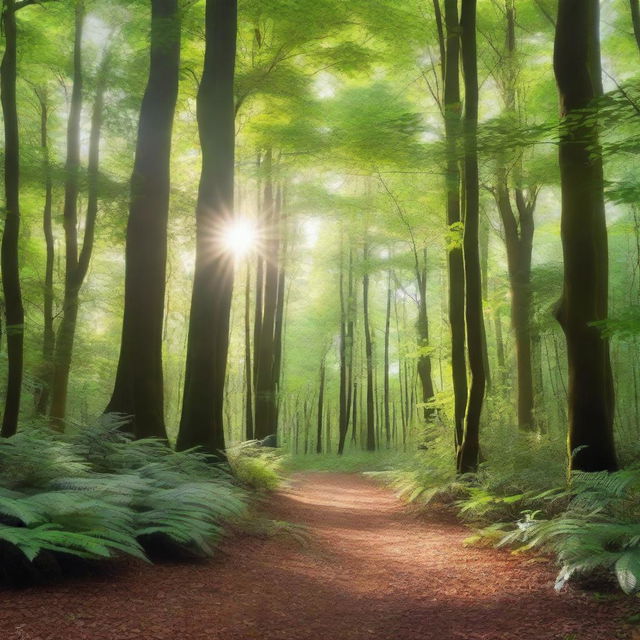 A serene and lush forest with tall trees, dense foliage, and sunlight filtering through the canopy