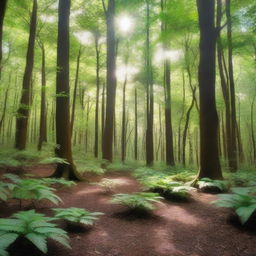 A serene and lush forest with tall trees, dense foliage, and sunlight filtering through the canopy