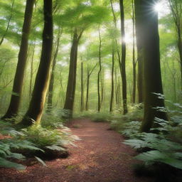 A serene and lush forest with tall trees, dense foliage, and sunlight filtering through the canopy