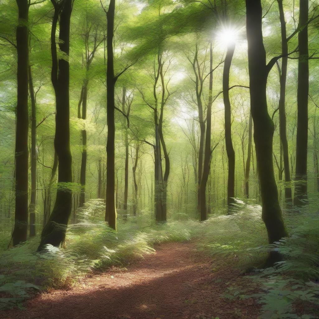 A wide landscape view of a lush forest with tall, green trees and dense foliage