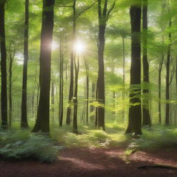 A wide landscape view of a lush forest with tall, green trees and dense foliage