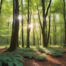 A wide landscape view of a lush forest with tall, green trees and dense foliage