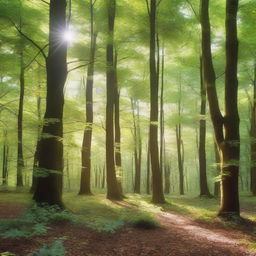 A wide landscape view of a lush forest with tall, green trees and dense foliage