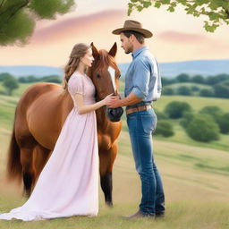 A contemporary romance book cover featuring a woman, a horse, and a man