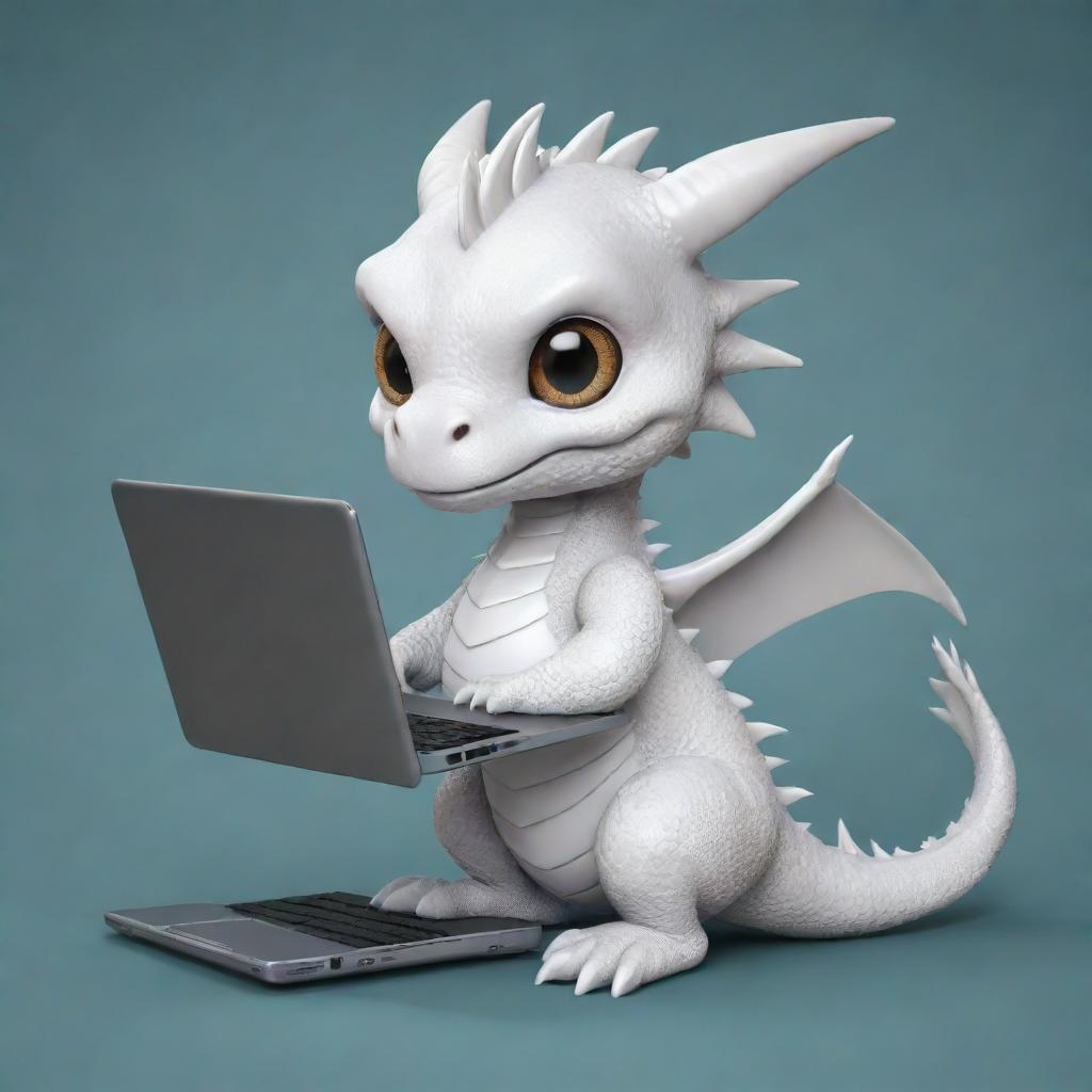 A cute, elderly chibi-style white dragon holding a laptop