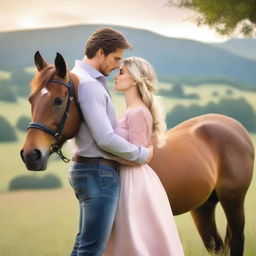 A contemporary romance book cover featuring a woman, a horse, and a man