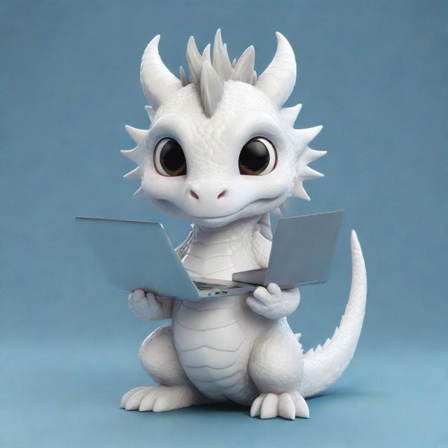 A cute, elderly chibi-style white dragon holding a laptop