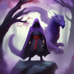 A fantasy book cover featuring a purple wyvern, an Asian female ninja, and a handsome man with red eyes wearing a cloak