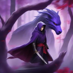 A fantasy book cover featuring a purple wyvern, an Asian female ninja, and a handsome man with red eyes wearing a cloak