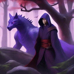 A fantasy book cover featuring a purple wyvern, an Asian female ninja, and a handsome man with red eyes wearing a cloak