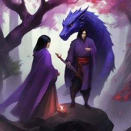 A fantasy book cover featuring a purple wyvern, an Asian female ninja, and a handsome man with red eyes wearing a cloak