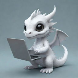 A cute, elderly chibi-style white dragon holding a laptop