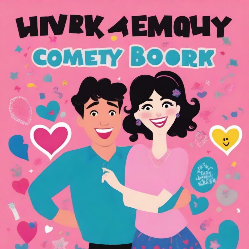 A pink comedy book cover featuring a beautiful black-haired woman and the most handsome man in the world