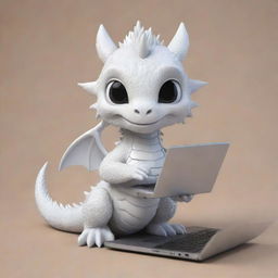 A cute, elderly chibi-style white dragon holding a laptop