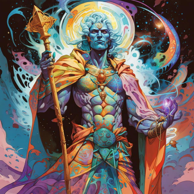 A high quality image of a God of Breaking Fates in Dungeons and Dragons art style, featuring a powerful figure with intricate patterns, shifting robes, and a mystical, surreal background