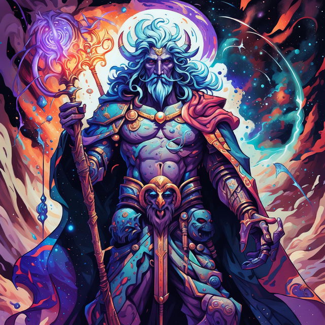 A high-quality image of the God of Breaking Fates and Chaos in a Dungeons and Dragons art style, featuring a majestic and chaotic figure in ornate armor with a celestial and chaotic backdrop