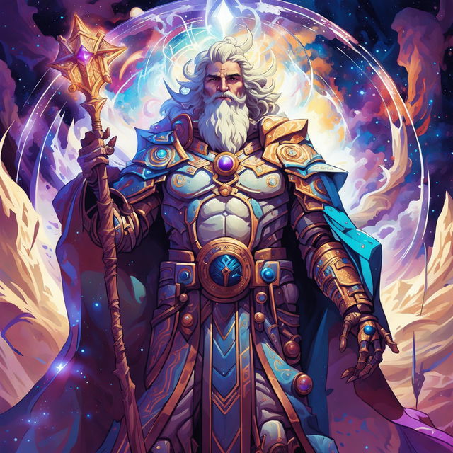 A high-quality image of the God of Breaking Fates in a Dungeons and Dragons art style, featuring a majestic figure in ornate armor with a celestial backdrop