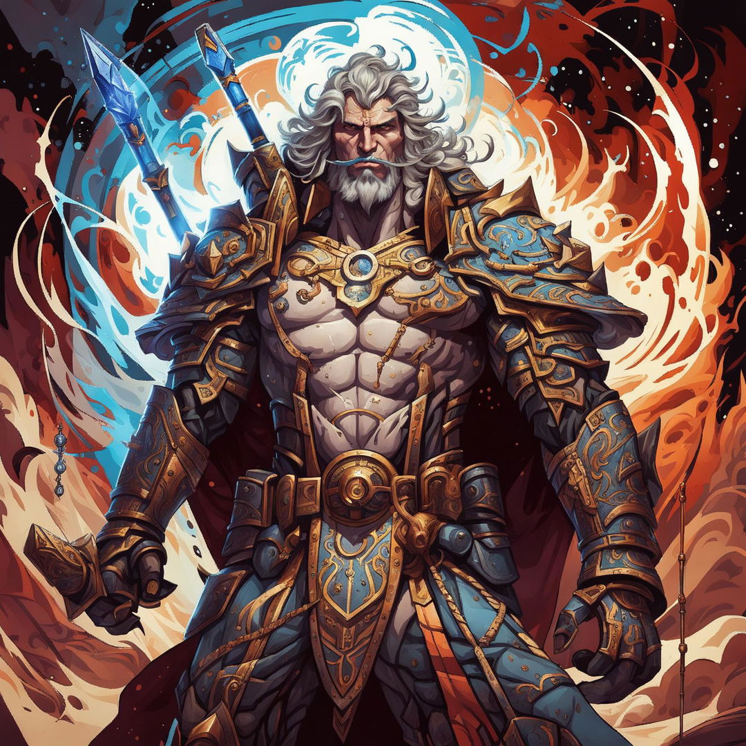 A high-quality image of the God of Defying Fates in a Dungeons and Dragons art style, featuring a powerful and defiant figure in rugged yet ornate armor with a celestial and rebellious backdrop