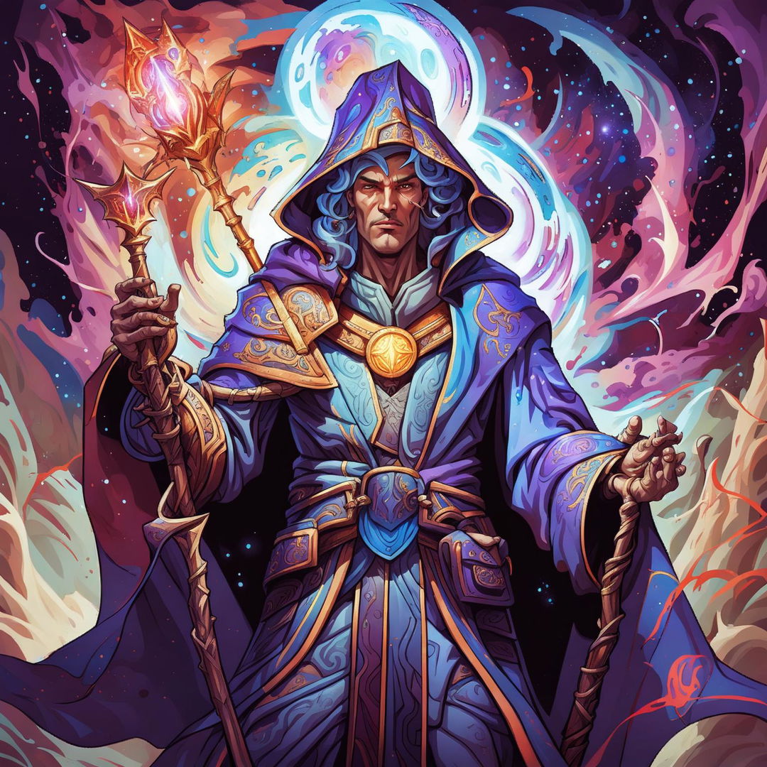 A high-quality image of a powerful wizard who became the God of Defying Fates in a Dungeons and Dragons art style, featuring a majestic figure in a mix of wizard robes and divine armor with a celestial and rebellious backdrop