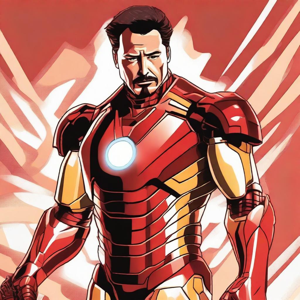 A detailed illustration of Tony Stark, also known as Iron Man, in his iconic red and gold armor