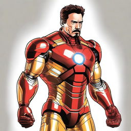 A detailed illustration of Tony Stark, also known as Iron Man, in his iconic red and gold armor