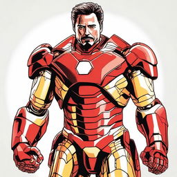 A detailed illustration of Tony Stark, also known as Iron Man, in his iconic red and gold armor