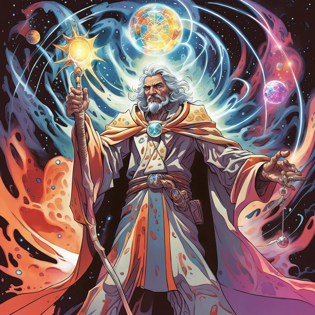 A powerful wizard who has become the God of Defying Fates stands in a cosmic realm, manipulating the threads of fate