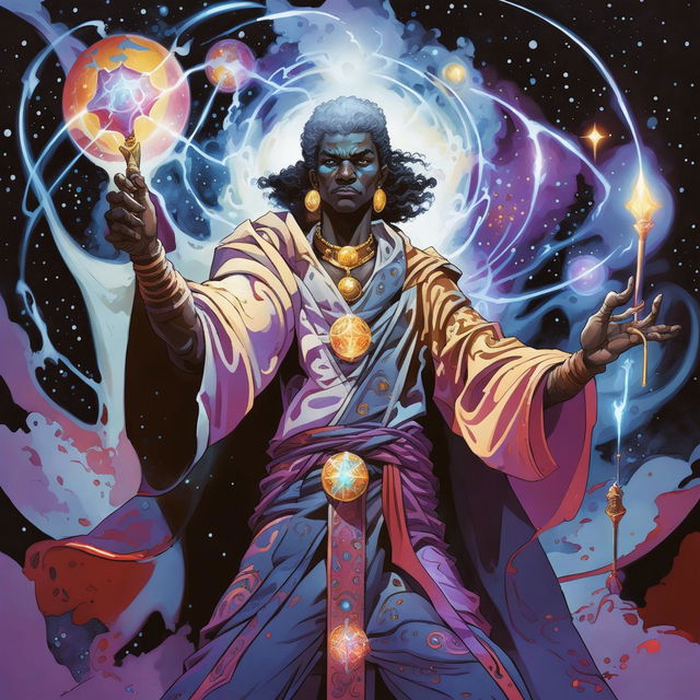 A powerful dark-skinned human wizard who has become the God of Defying Fates stands in a cosmic realm, manipulating the threads of fate