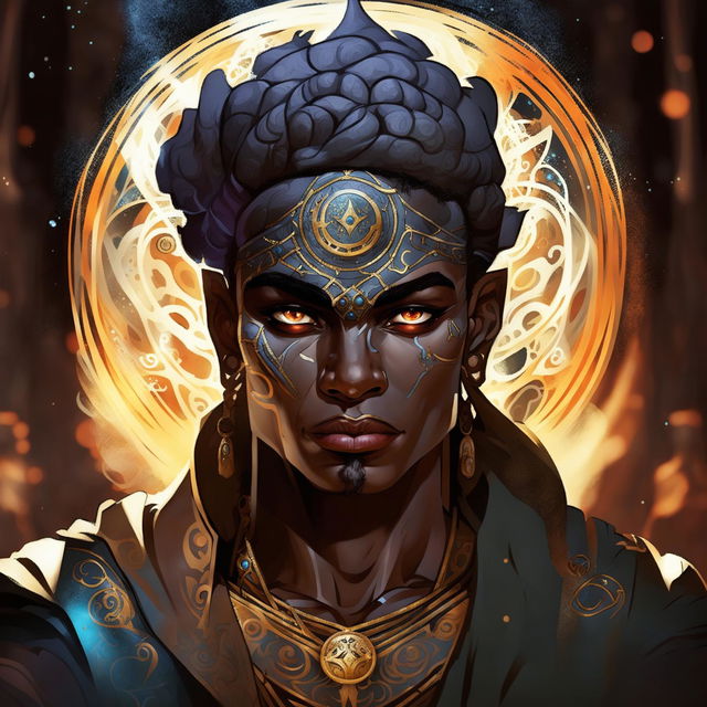 A headshot of a powerful, dark-skinned wizard who became the God of Defying Fates in a Dungeons and Dragons art style, with glowing eyes and an ornate headdress