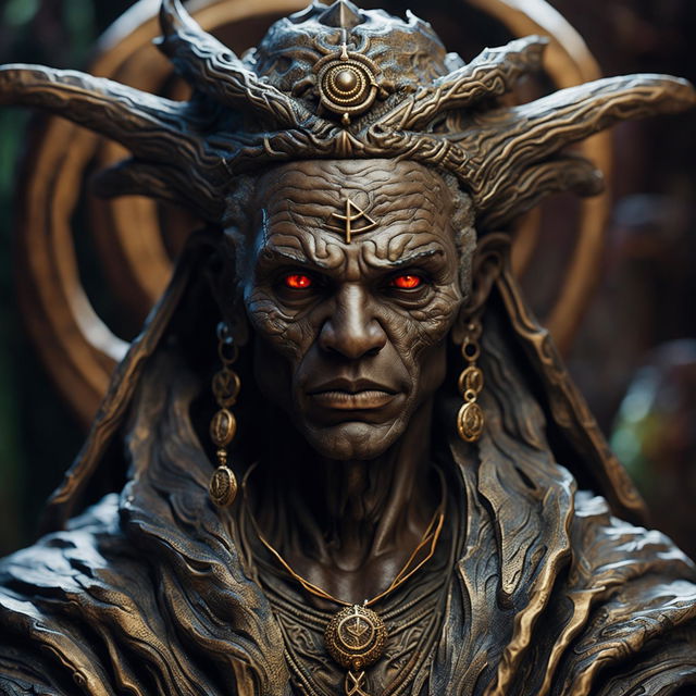 A headshot of an old, powerful, dark-skinned wizard who became the God of Defying Fates in a Dungeons and Dragons art style, with glowing eyes, aged features, and an ornate headdress