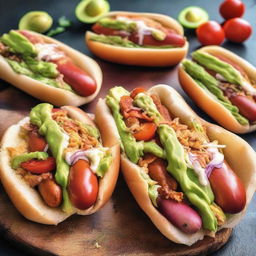 A delicious image of Chilean completos, featuring hot dogs topped with avocado, tomatoes, mayonnaise, and sauerkraut