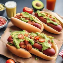 A delicious image of Chilean completos, featuring hot dogs topped with avocado, tomatoes, mayonnaise, and sauerkraut