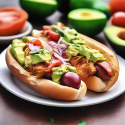 A delicious image of Chilean completos, featuring hot dogs topped with avocado, tomatoes, mayonnaise, and sauerkraut