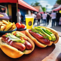 A delicious image of Chilean completos, featuring hot dogs topped with avocado, tomatoes, mayonnaise, and sauerkraut