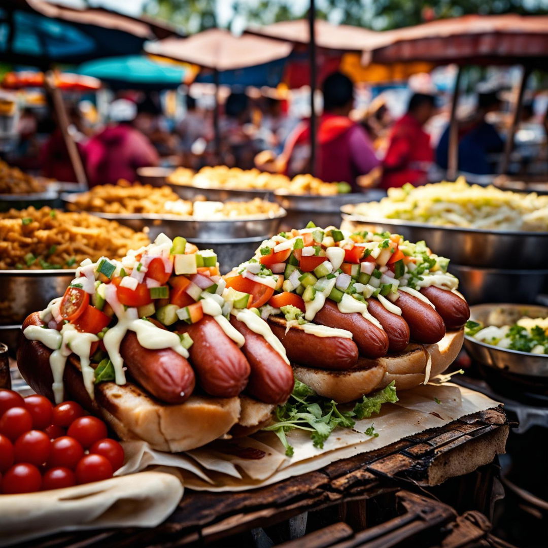 An appetizing image of Chilean completos, hot dogs topped with avocado, tomatoes, mayonnaise, and sauerkraut, set in a bustling Chilean street market