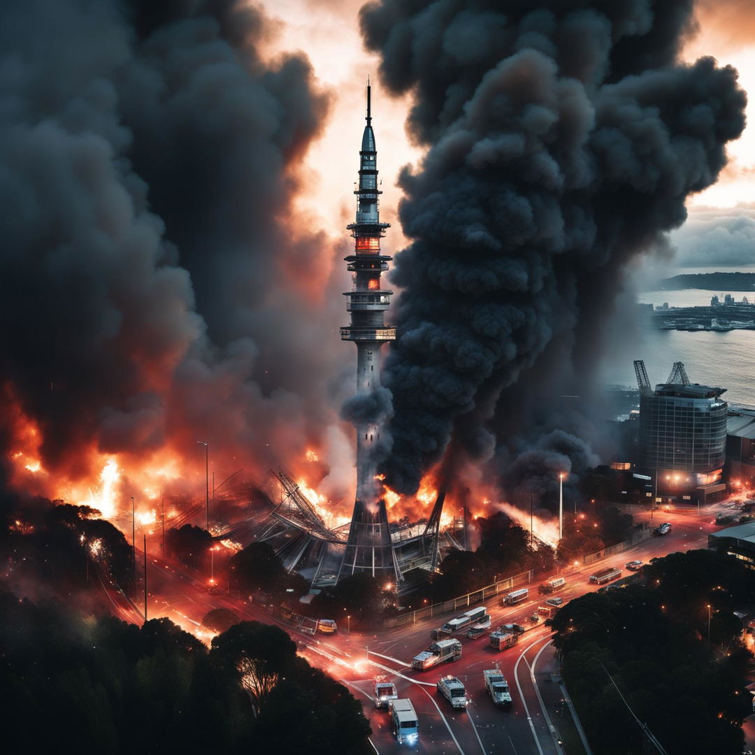 An intense and dramatic image of the Sky Tower in Auckland, New Zealand on fire, with dark smoke, emergency vehicles, and firefighters