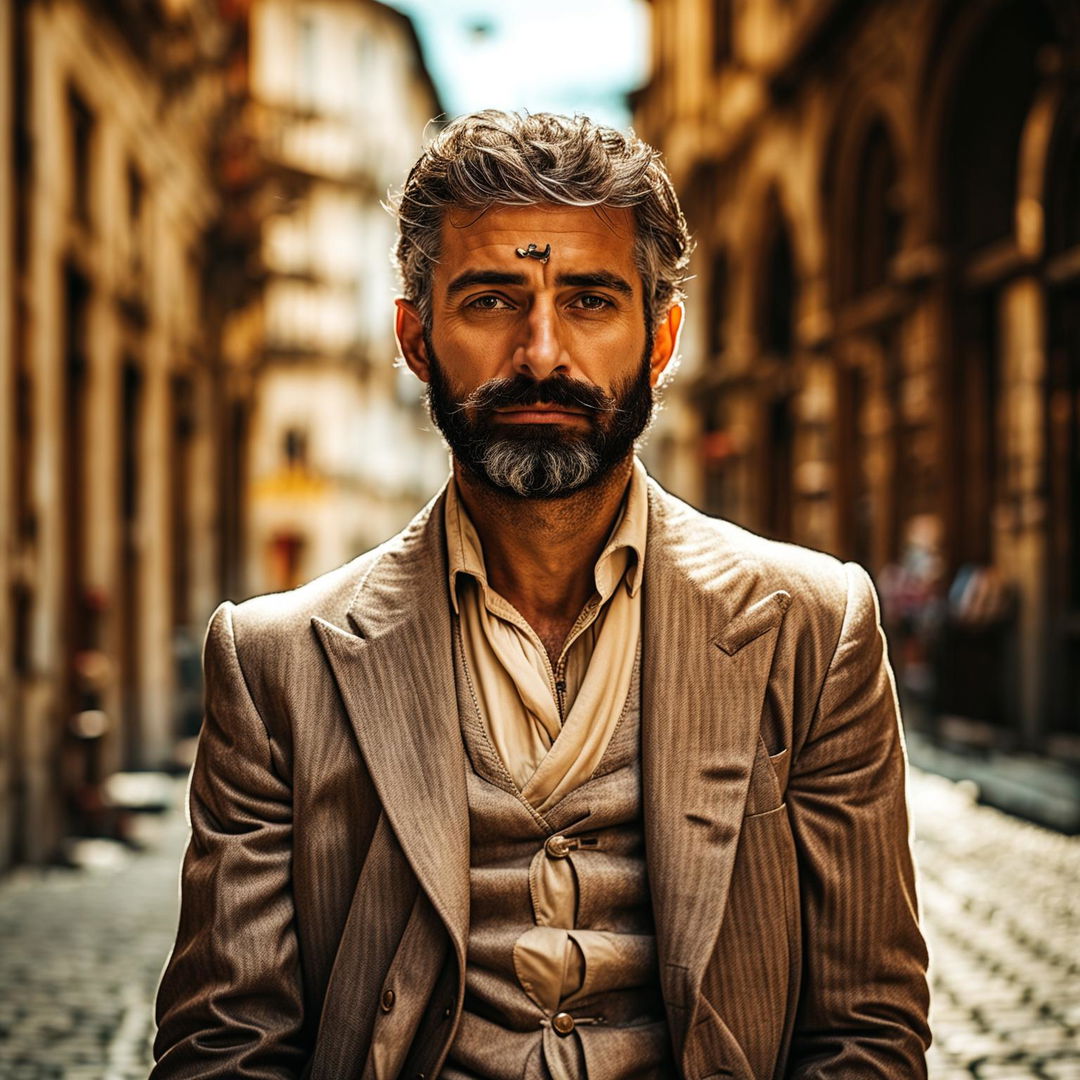 A detailed portrait of a friendly Italian man with a well-groomed beard and mustache, set against an Italian street scene with cobblestone paths and charming old buildings