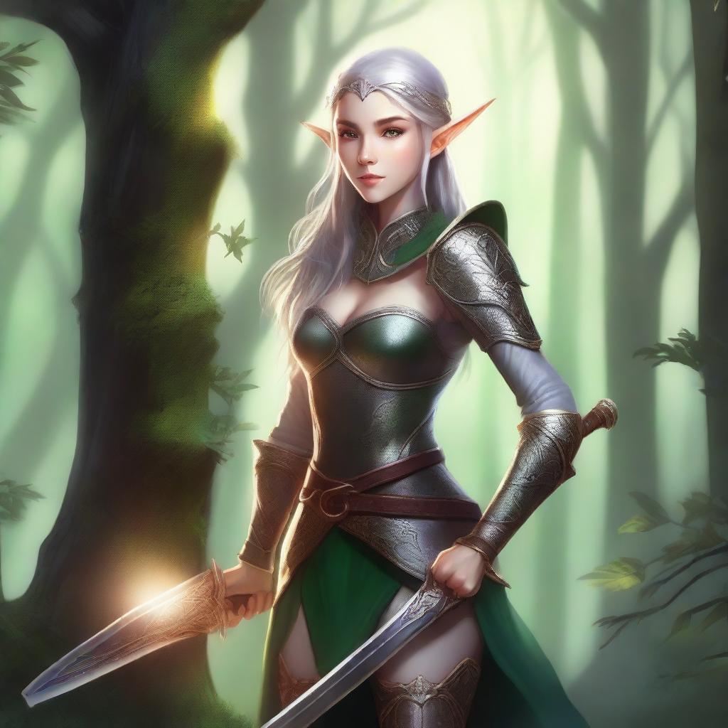 A detailed illustration of an elf girl warrior, dressed in elegant yet sturdy armor, holding a beautifully crafted sword