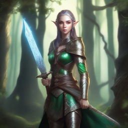 A detailed illustration of an elf girl warrior, dressed in elegant yet sturdy armor, holding a beautifully crafted sword