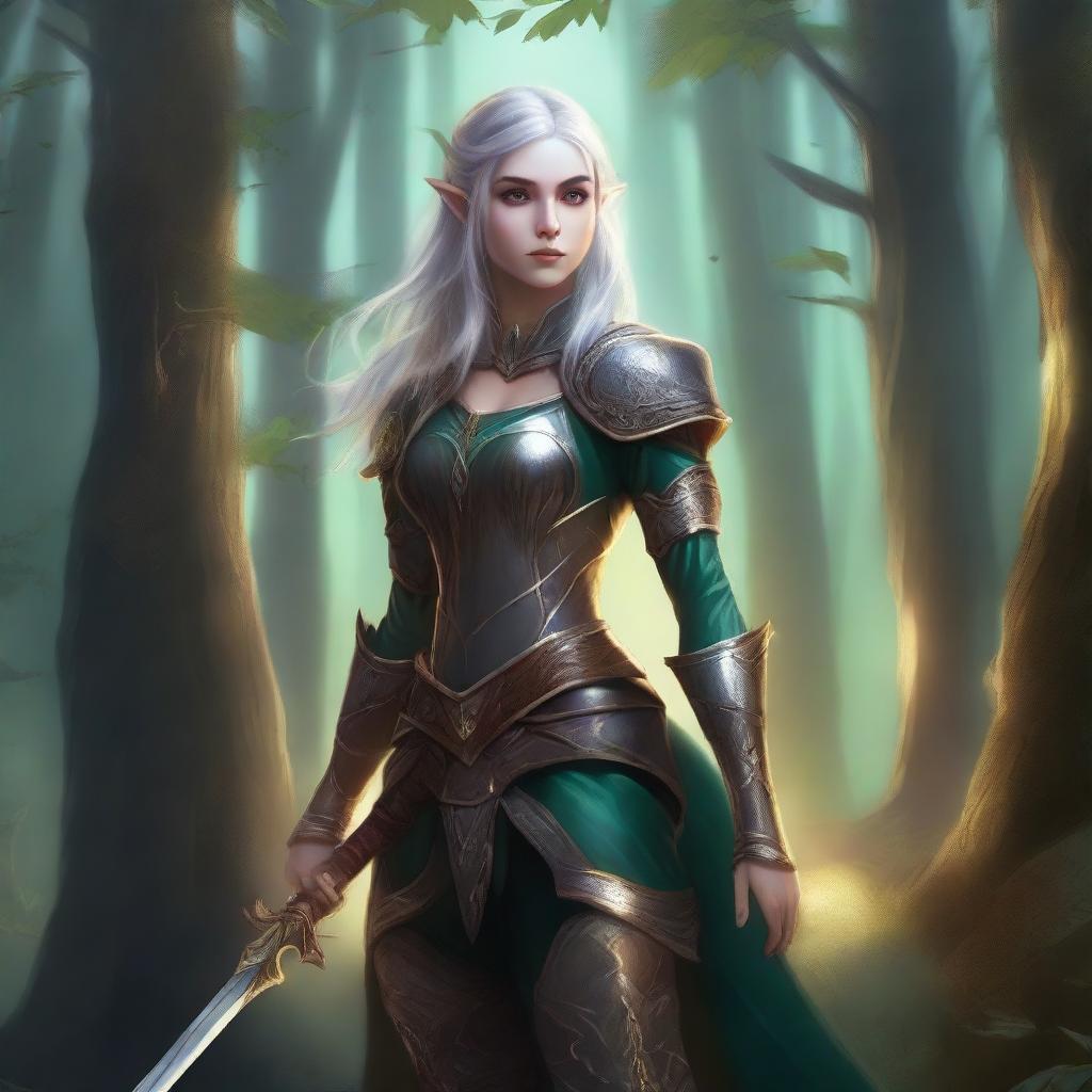 A detailed illustration of an elf girl warrior, dressed in elegant yet sturdy armor, holding a beautifully crafted sword