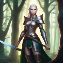 A detailed illustration of an elf girl warrior, dressed in elegant yet sturdy armor, holding a beautifully crafted sword